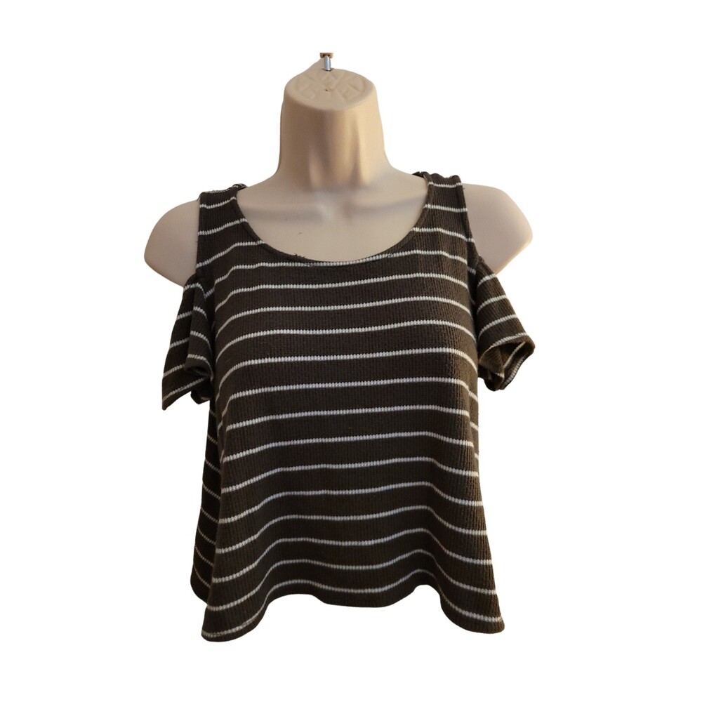 One Clothing Green/White Striped Open/Cold Shoulder Crop Top Size Small